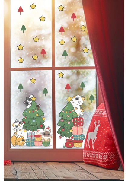 Pencere Süsleyen Sevimli Kediler Yılbaşı Pencere, Duvar Sticker fiyatları