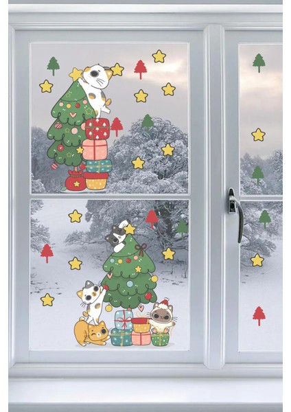 Pencere Süsleyen Sevimli Kediler Yılbaşı Pencere, Duvar Sticker fırsatları