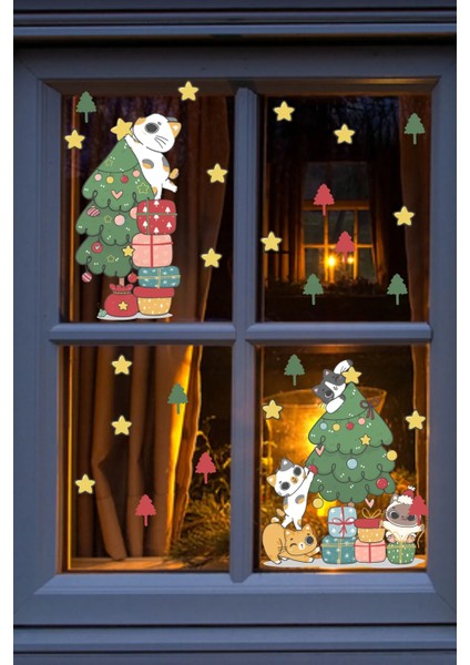 Pencere Süsleyen Sevimli Kediler Yılbaşı Pencere, Duvar Sticker indirimleri