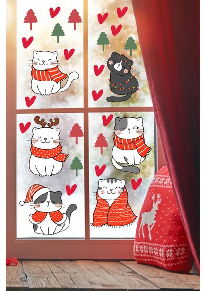 Yılbaşı Sevimli Kedileri Yeni Yıl Kedileri Cam Kapı Duvar Sticker Seti, Yılbaşı Süsü