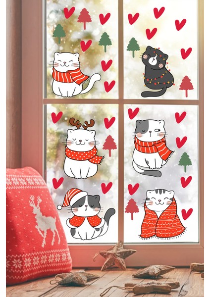 Yılbaşı Sevimli Kedileri Yeni Yıl Kedileri Cam Kapı Duvar Sticker Seti, Yılbaşı Süsü fiyatları