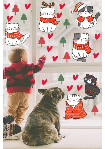 Yılbaşı Sevimli Kedileri Yeni Yıl Kedileri Cam Kapı Duvar Sticker Seti, Yılbaşı Süsü modelleri