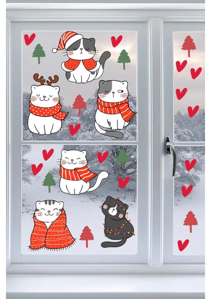 Yılbaşı Sevimli Kedileri Yeni Yıl Kedileri Cam Kapı Duvar Sticker Seti, Yılbaşı Süsü fırsatları