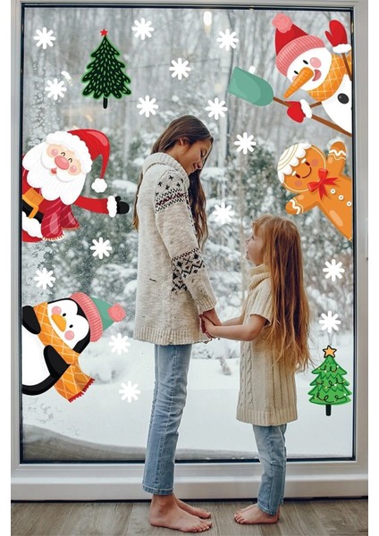 Yılbaşı Noel Baba, Penguen, Kardan Adam, Kurabiye Adam Cam, Duvar, Kapı Sticker