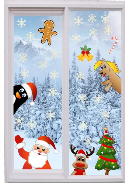 Yılbaşı Sticker Figürleri Noel Baba ve Geyik ve Kartanesi Pencere Duvar Sticker
