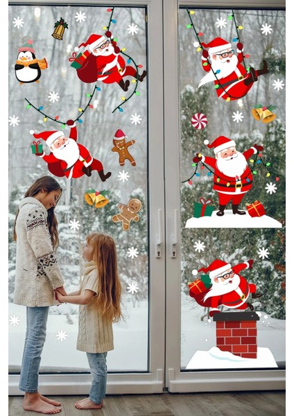 Yılbaşı Sticker Sevimli Noel Baba ve Kar Taneleri Pencere Duvar Süsü