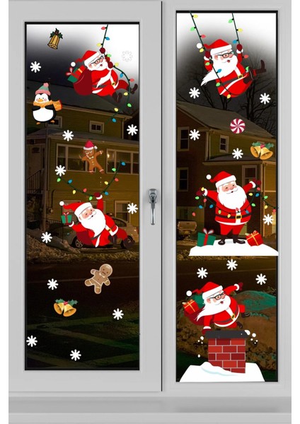 Yılbaşı Sticker Sevimli Noel Baba ve Kar Taneleri Pencere Duvar Süsü