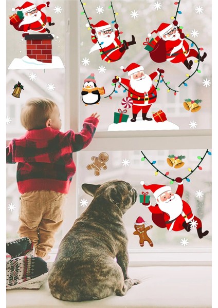 Yılbaşı Sticker Sevimli Noel Baba ve Kar Taneleri Pencere Duvar Süsü