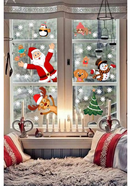 Yılbaşı Sticker Noel Baba Yılbaşı Ağacı Penguen ve Kar Taneleri Temalı Duvar Sticker