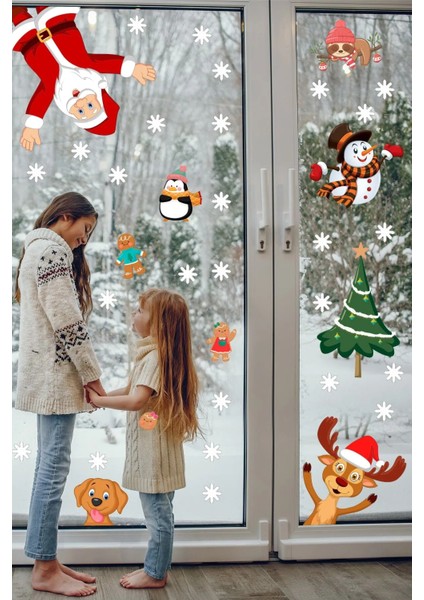 Yılbaşı Sticker Noel Baba Yılbaşı Ağacı Penguen ve Kar Taneleri Temalı Duvar Sticker modelleri