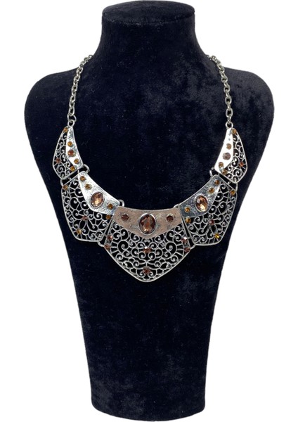 Vintage Kahverengi Taş Kolye - Silver