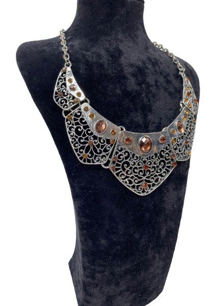 Vintage Kahverengi Taş Kolye - Silver