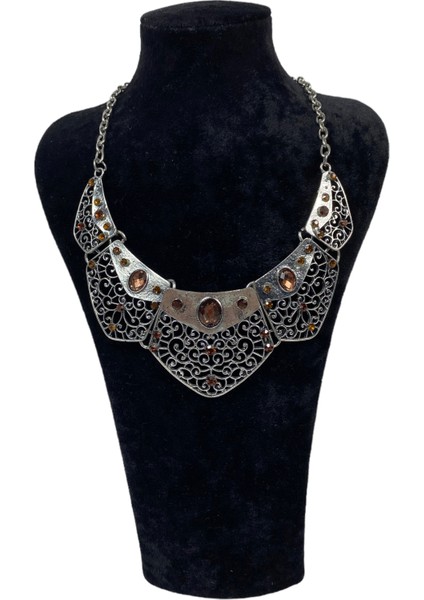Vintage Kahverengi Taş Kolye - Silver