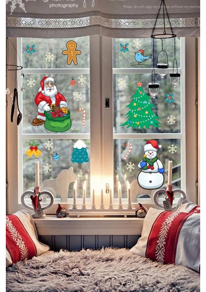 Yılbaşı Noel Baba ve Kardan Adam Temalı Cam Duvar Sticker
