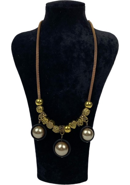 Bohem Krem Boncuk Kolye - Gold