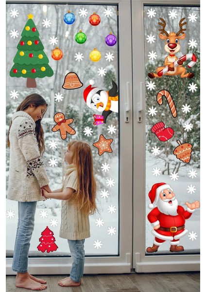 Yılbaşı Sticker Noel Baba Penguen Geyik Yılbaşı Ağacı ve Kar Taneleri Duvar Sticker