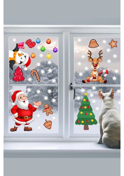 Yılbaşı Sticker Noel Baba Penguen Geyik Yılbaşı Ağacı ve Kar Taneleri Duvar Sticker modelleri