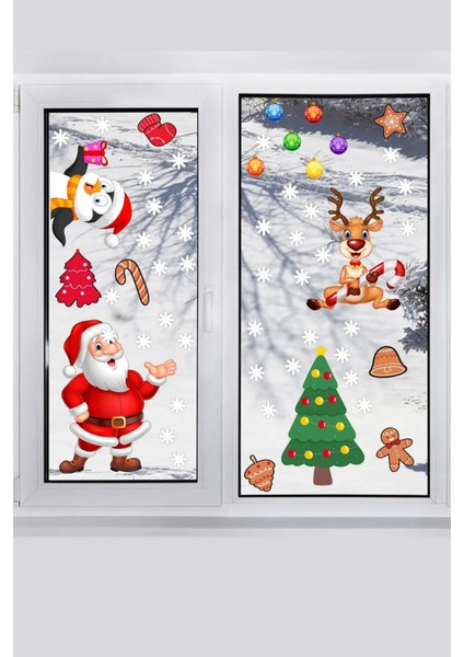 Yılbaşı Sticker Noel Baba Penguen Geyik Yılbaşı Ağacı ve Kar Taneleri Duvar Sticker fırsatları