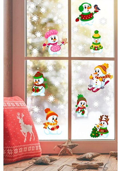 Sevimli Kardan Adamlar ve Kar Taneleri Yılbaşı Pencere Duvar Sticker