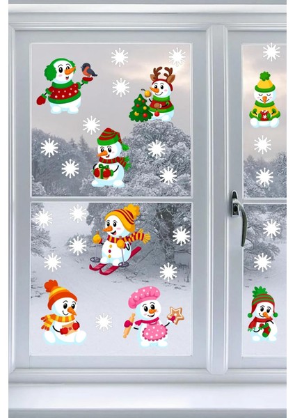 Sevimli Kardan Adamlar ve Kar Taneleri Yılbaşı Pencere Duvar Sticker modelleri