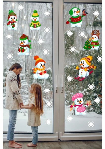Sevimli Kardan Adamlar ve Kar Taneleri Yılbaşı Pencere Duvar Sticker indirimleri