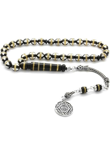 925 Ayar Gümüş Püsküllü Beyaz Mine Dolgulu Pirinç Sarmal Küre Kesim Kuka Tesbih