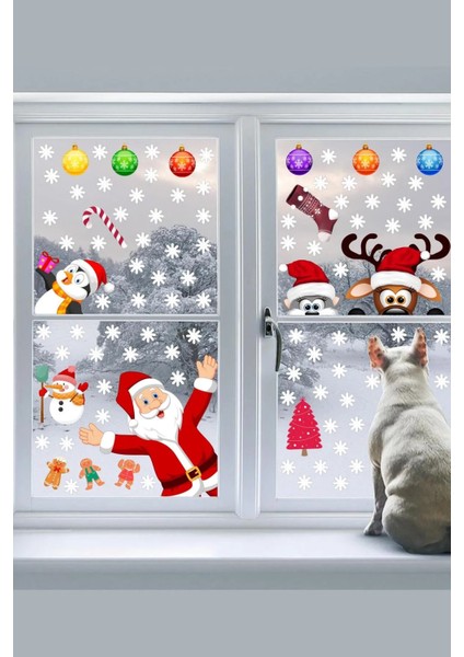 Yılbaşı Sticker Noel Baba Geyik Penguen ve Kar Taneleri Cam Duvar Süsü modelleri