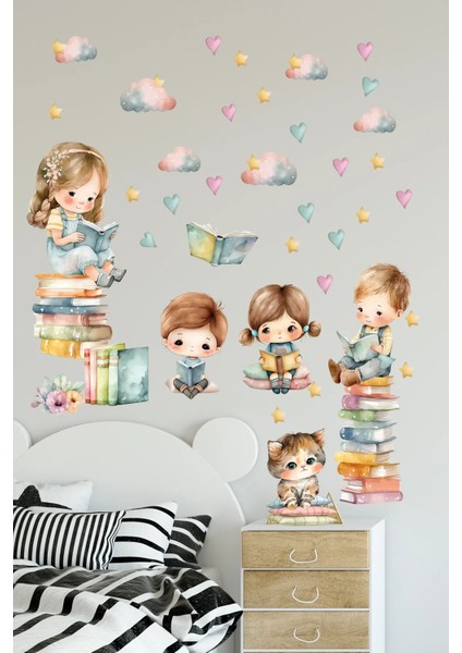 Kitap Okuyan Çocuklar Çocuk Odası Dekoratif Duvar Sticker Seti