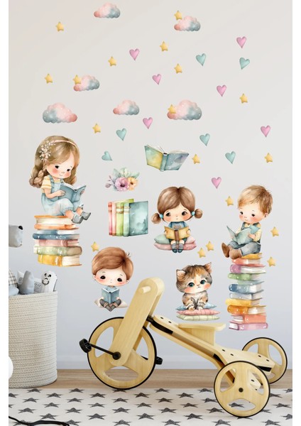 Kitap Okuyan Çocuklar Çocuk Odası Dekoratif Duvar Sticker Seti fiyatları