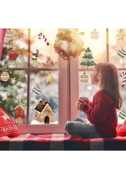 Yeni Yıl Yılbaşı Ağaçları ve Evleri Cam Duvar Sticker Seti - Yılbaşı Seti