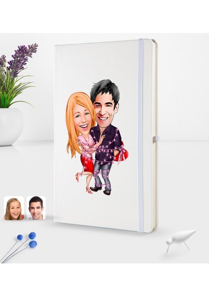 Kişiye Özel Sevgililer Karikatürlü Beyaz Termo Deri Defter 16X24CM Model 2