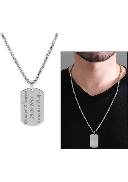 Oval Tasarım Kişiye Özel İsim Yazılı Silver Renk Çelik Erkek Kolye