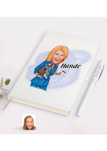 Kişiye Özel Kadın Moda Ikonu Karikatürlü Beyaz Defter ve Kalem Hediye Seti-5