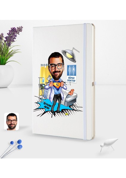 Kişiye Özel Erkek Doktor Karikatürlü Beyaz Termo Deri Defter 16X24CM Model 1