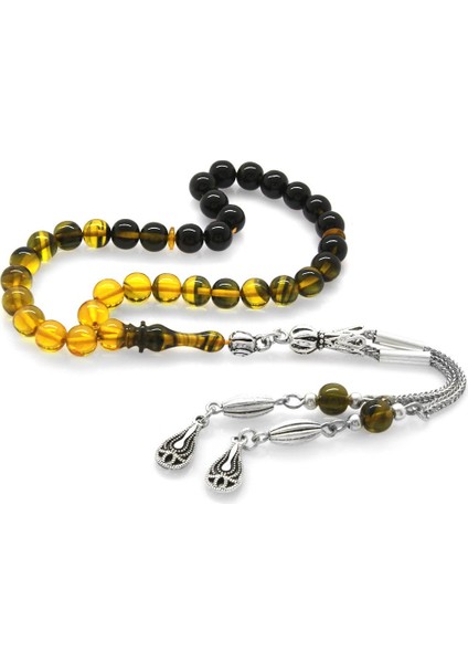 Kararmaz Metal Püsküllü Küre Kesim Bilek Boy Süzme Sarı-Siyah Ateş Kehribar Tesbih