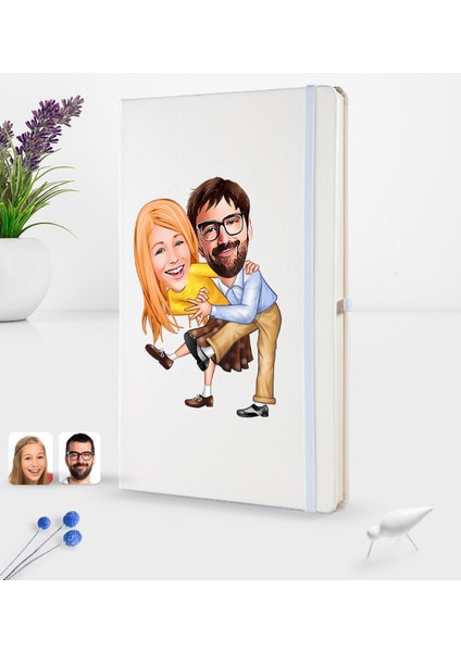 Kişiye Özel Sevgililer Karikatürlü Beyaz Termo Deri Defter 16X24CM Model 102