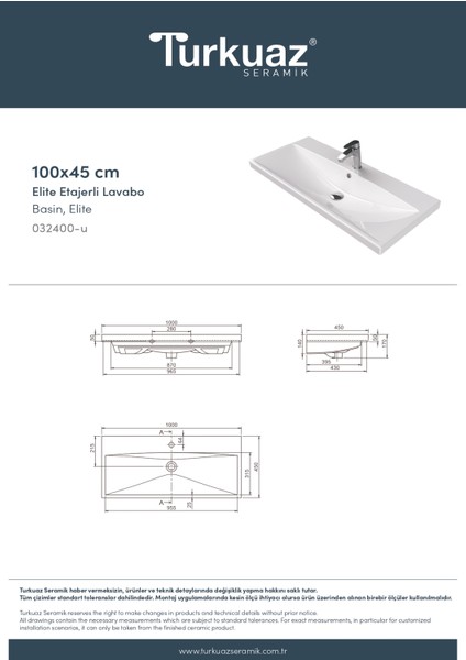 Turkuaz Seramik Elite 100 cm Etajerli Lavabo