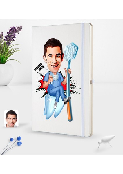 Kişiye Özel Erkek Diş Hekimi Karikatürlü Beyaz Termo Deri Defter 16X24CM Model 2