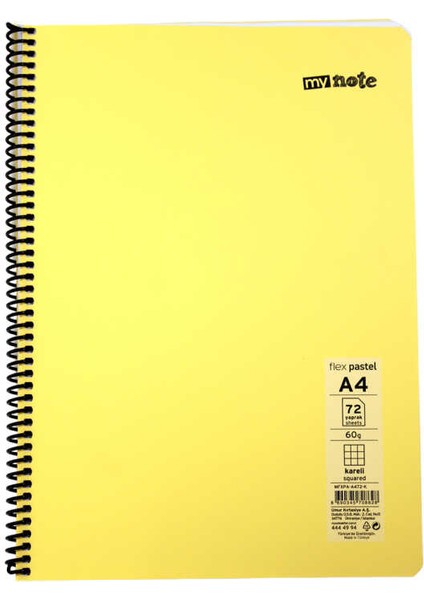 Mynote A4 72 Yaprak Spiralli Plastik Kapak Defter Pastel