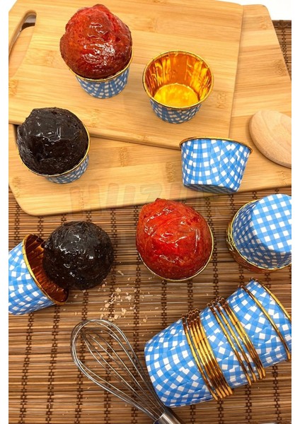 Gold Mavi Ekoseli Muffin Kek Kapsül 25 Adet