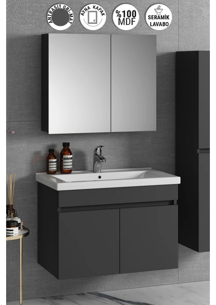 Çiğdem 80 cm Antrasit Gri Mat Mdf Seramik Lavabolu Asma Banyo Dolabı Takımı