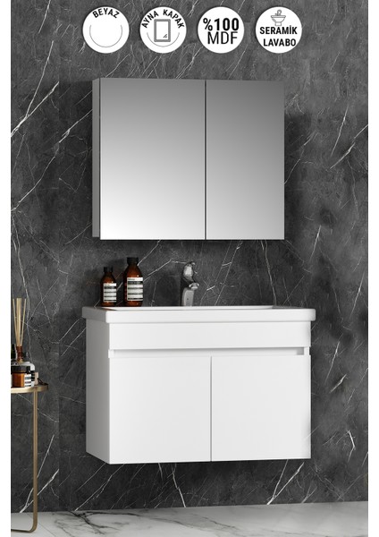 Çiğdem 80 cm Beyaz Mdf Seramik Lavabolu Asma Banyo Dolabı Takımı