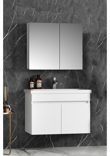 Çiğdem 80 cm Beyaz Mdf Seramik Lavabolu Asma Banyo Dolabı Takımı