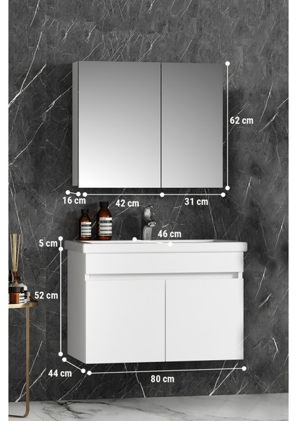 Çiğdem 80 cm Beyaz Mdf Seramik Lavabolu Asma Banyo Dolabı Takımı