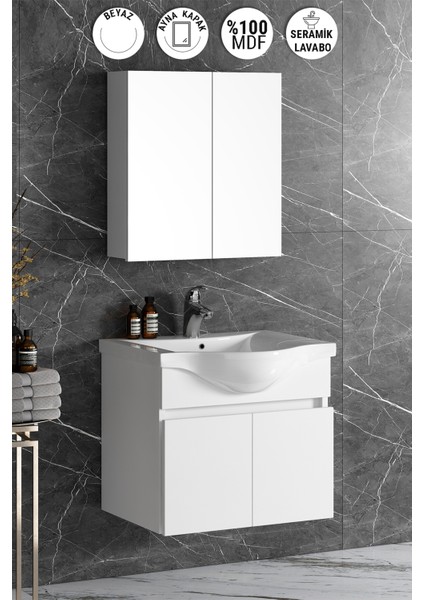 Yıldız 65 cm Beyaz Mdf Seramik Lavabolu Asma Banyo Dolabı Takımı