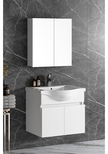 Yıldız 65 cm Beyaz Mdf Seramik Lavabolu Asma Banyo Dolabı Takımı