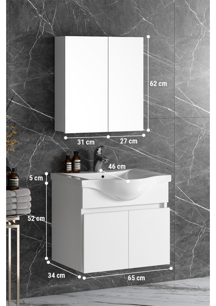 Yıldız 65 cm Beyaz Mdf Seramik Lavabolu Asma Banyo Dolabı Takımı