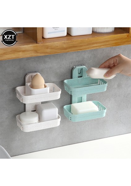 Bej Banyo Vantuz Sabunluklar Plastik Tutucular Duvara Monte Çift Katlı Yaratıcı Drenaj Sabun Depolama Çift Raflar U3 Yeni (Yurt Dışından)