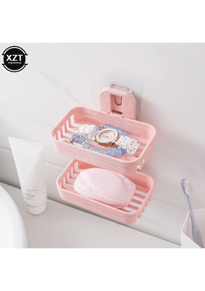 Bej Banyo Vantuz Sabunluklar Plastik Tutucular Duvara Monte Çift Katlı Yaratıcı Drenaj Sabun Depolama Çift Raflar U3 Yeni (Yurt Dışından)