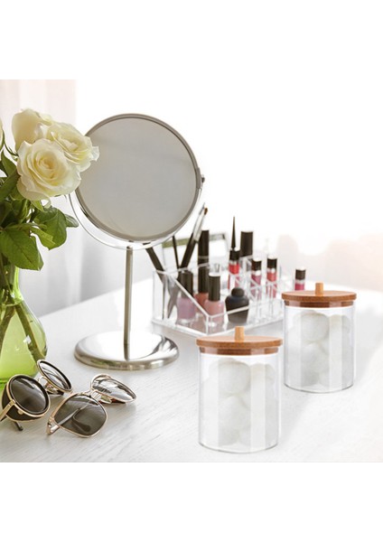 E Makyaj Organizatör Kutusu Akrilik Qtip Tutucu Banyo Kavanozları Bambu Kapaklı Pamuk Topu Pedi Yuvarlak Çubukla Saklama Kabı Takı (Yurt Dışından) fırsatları